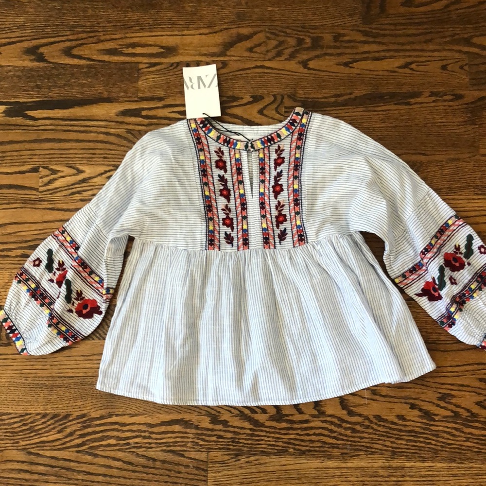 Adorable girls ZARA blue stripe embroidered top